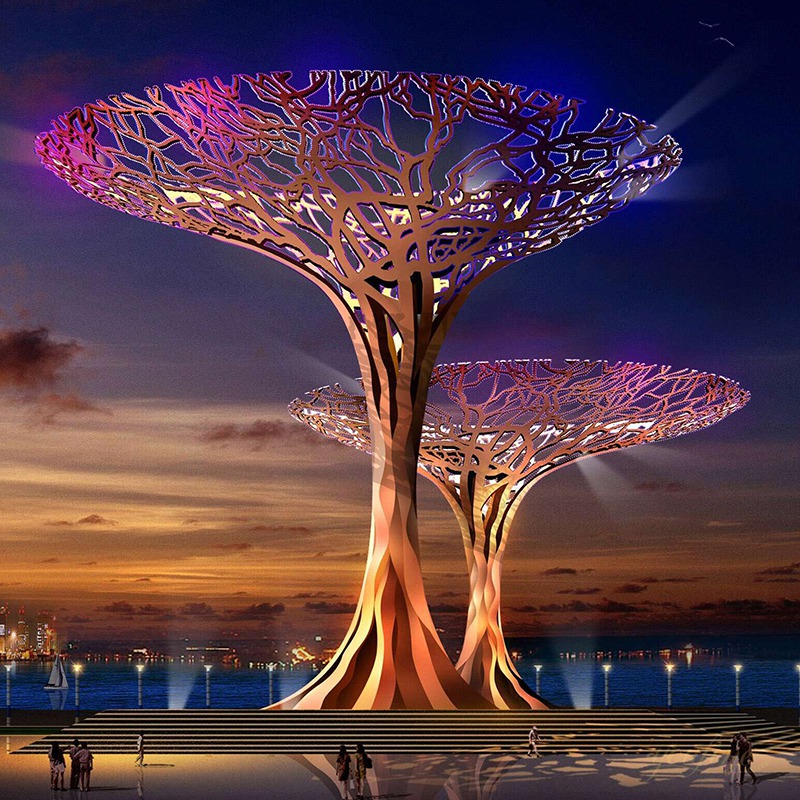 Extra large illuminated stainless steel tree sculpture in public spaces