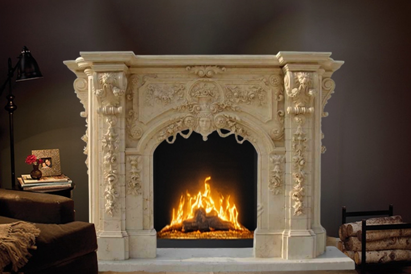 High Quality Luxury Lion Head Beige Georgian Marble Fireplace Mantel