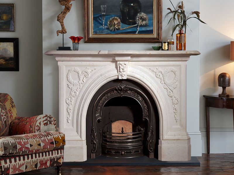 Hand Carved White Marble Victorian Fireplace Mantel