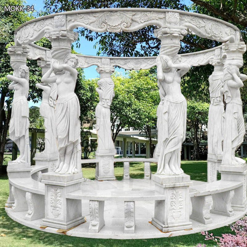 Outdoor Garden White Marble Patio Gazebo with Bench