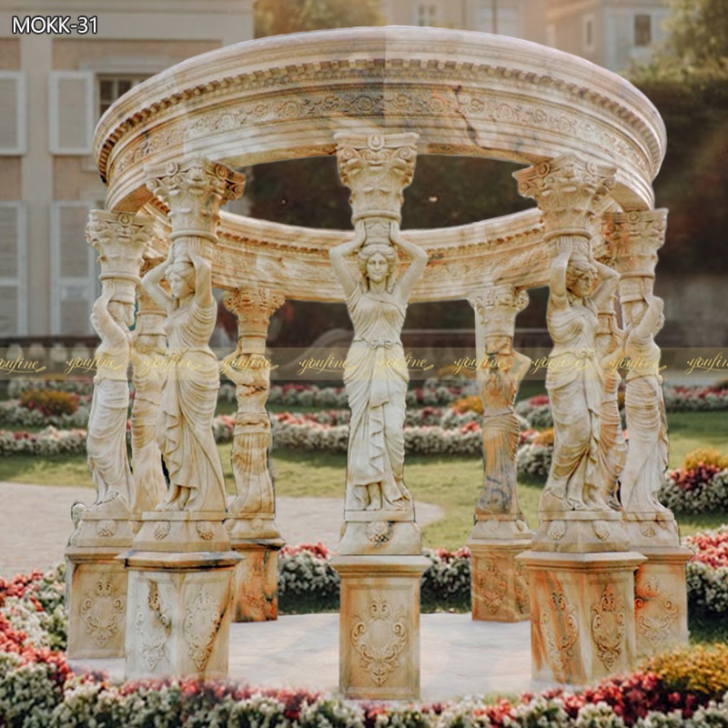 High Quality Yellow Marble Garden Gazebo with Maidens Statues