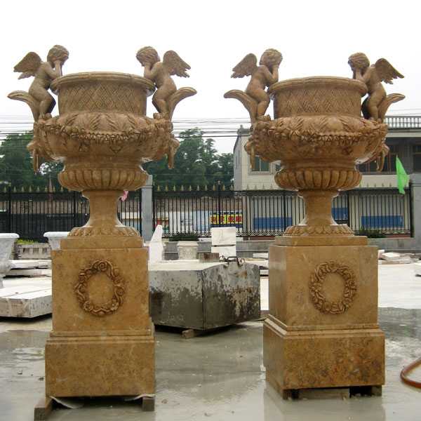 hand carved outdoor natural marble pair of planter with angel for garden for sale