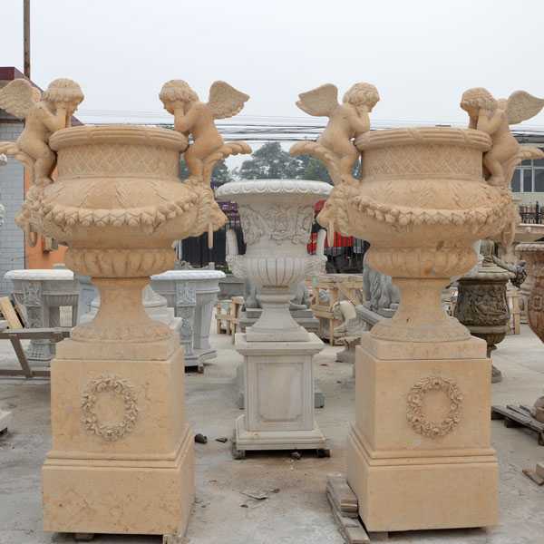 hand carved outdoor natural marble planters with angel for garden for sale