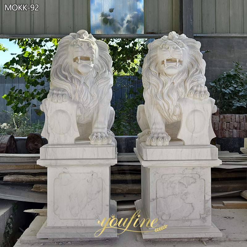 white marble guardian roaring lion statue