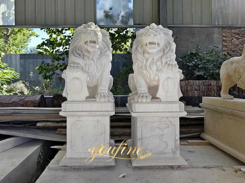 white marble guardian roaring lion statues for front porch