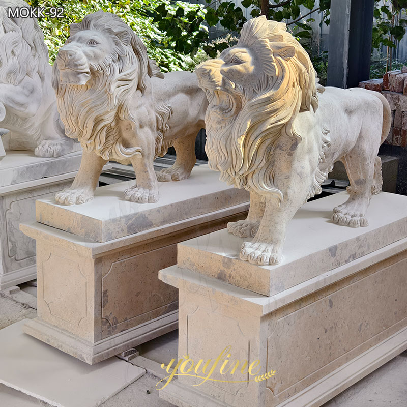 white marble guardian roaring lion statues