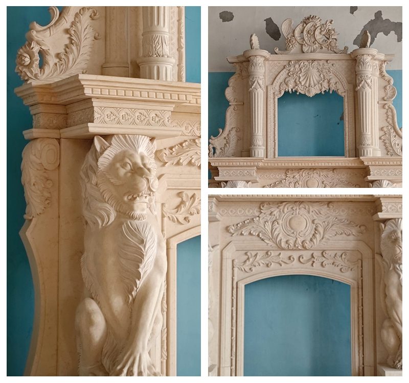 Overmantel Marble Fireplace Surround with Lion Statue