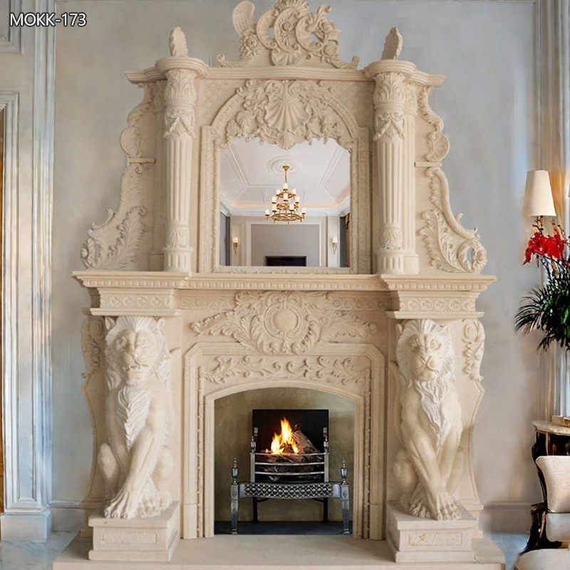 Beige Natural Marble Fireplace Surround with Lion Statue