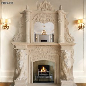 Hand Carved Beige Marble Fireplace Surround with Lion Statue