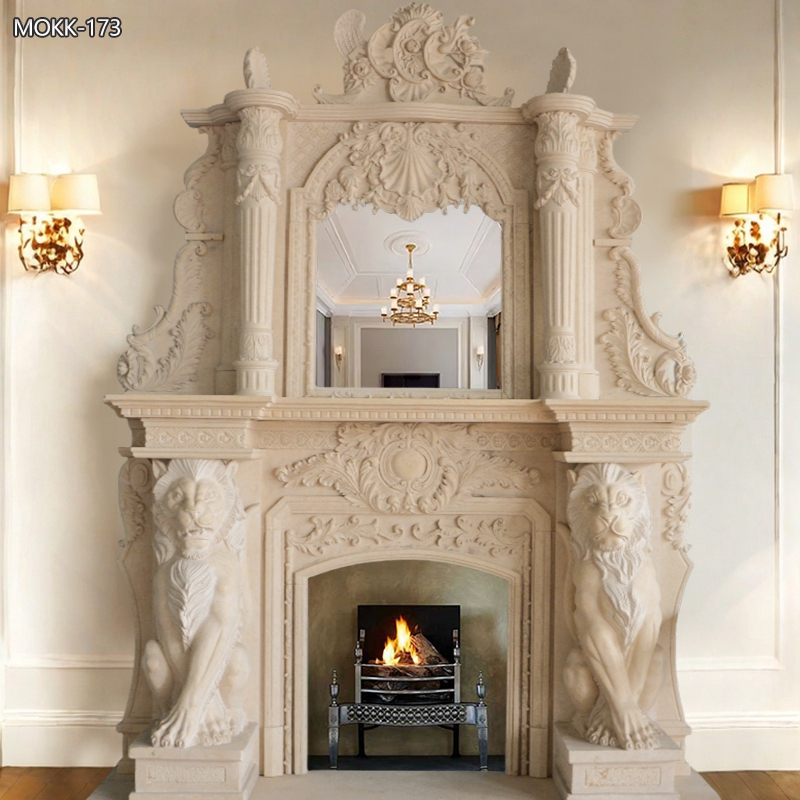 Overmantel Marble Fireplace Surround with Lion Statue MOKK-173