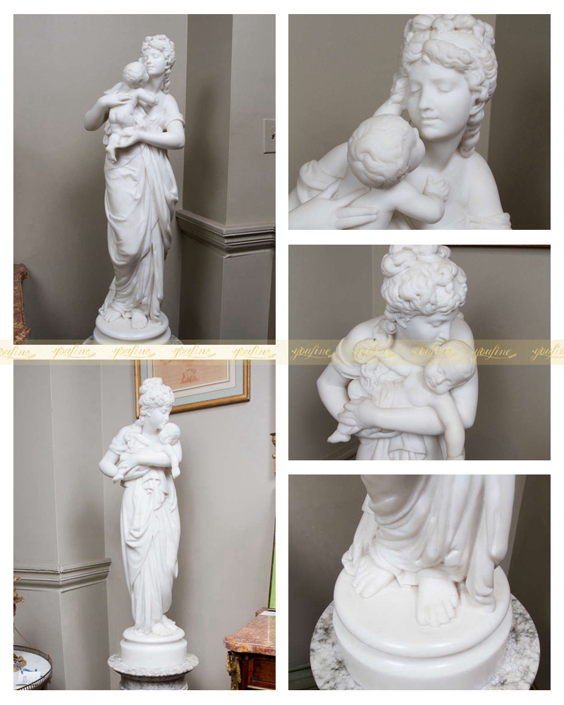 Hand Carved White Marble Mother and Child Columns