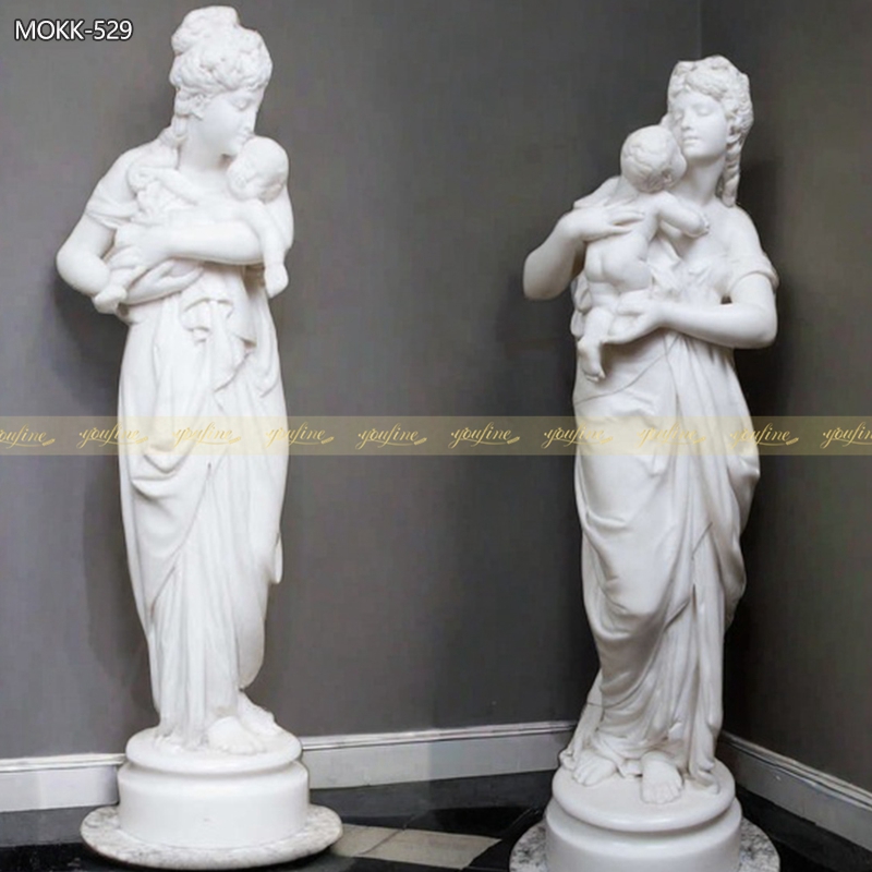 Hand Carved White Marble Mother and Child Columns for Sale MOKK-529