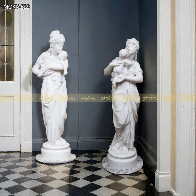 Hand Carved White Marble Mother and Child Columns 