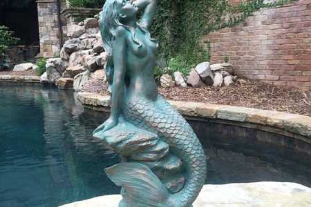 Life Size Bronze Patina Mermaid Statue Sitting on Coastal Rock