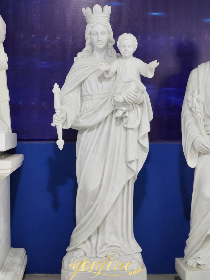 virgin mary holding baby statues with crown marble statue