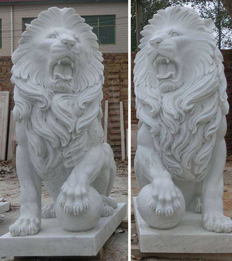 Large White Marble Lion Statues With Ball For Driveway Mokk 445 Youfine Sculpture