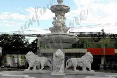 two tiered outdoor garden pure white marble fountain with lion statue