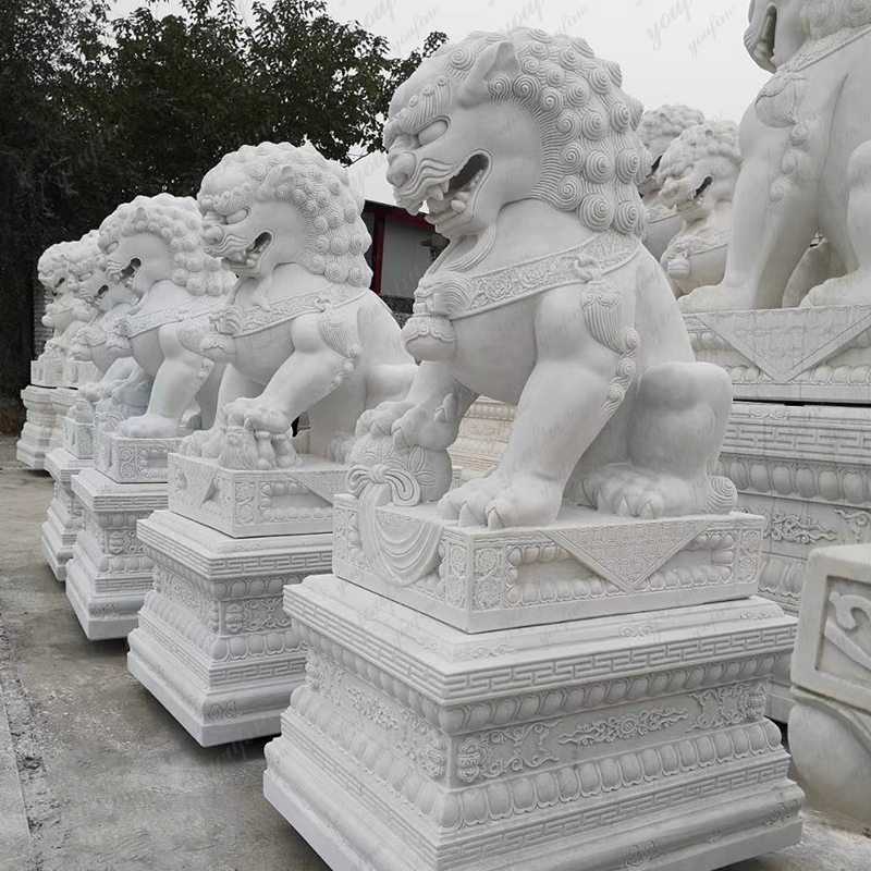 youfine Chinese Guardian Lion White Marble Foo Dog Statues