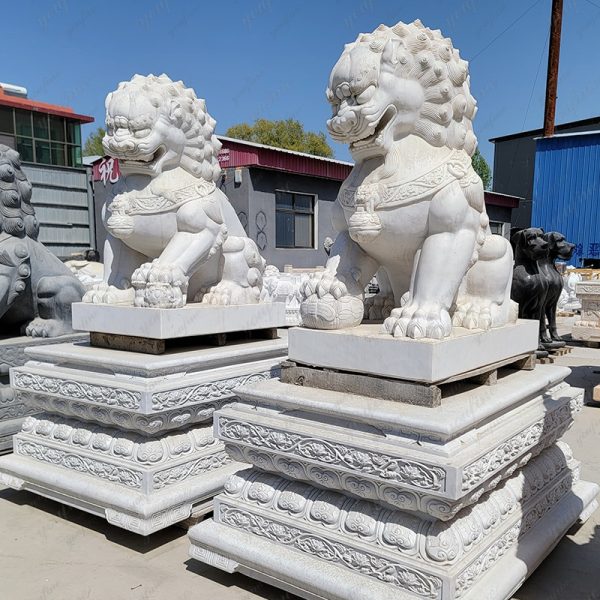 Chinese Guardian Lion White Marble Foo Dog Statues