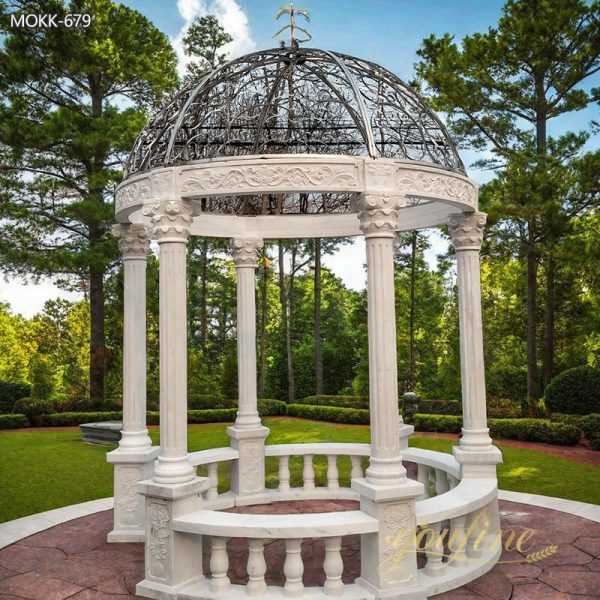 Hand Carved Beige Stone Column Gazebo with Iron Top for Sale MOKK-679