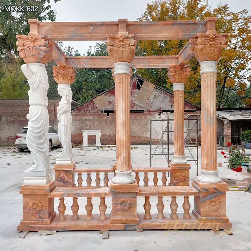 Red Marble Gazebo with Female Statues Design for Backyards Supplier MOKK-602