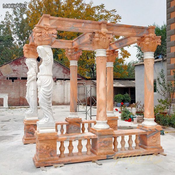 Red Marble Gazebo with Female Statues Design for Backyards Supplier MOKK-602