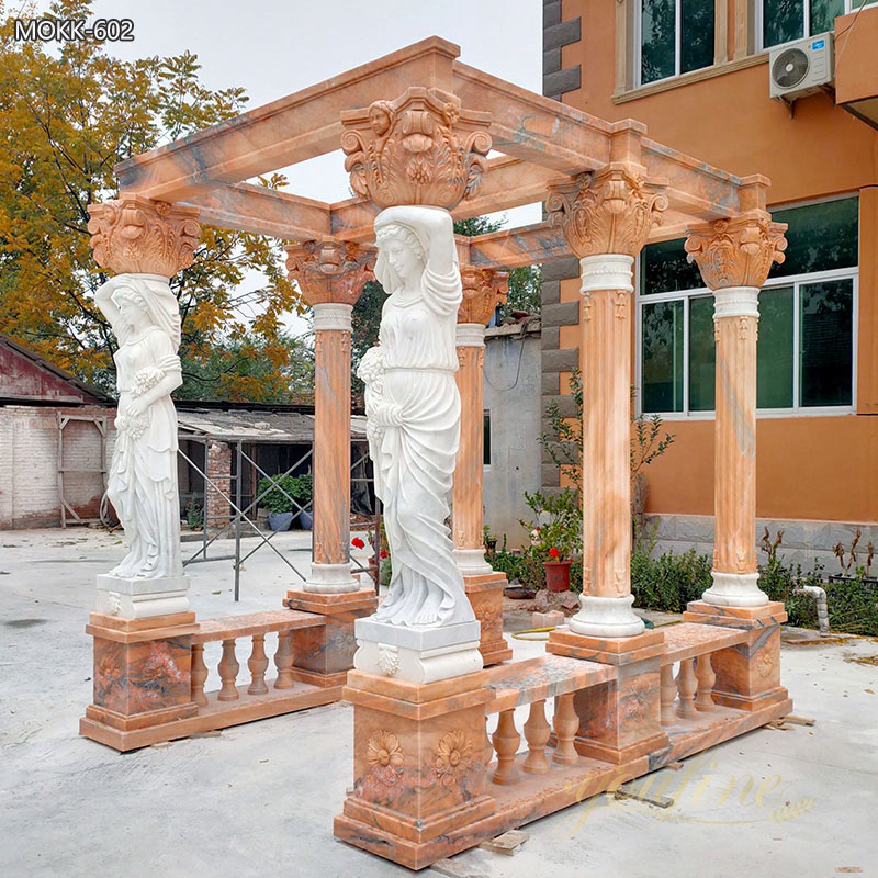 Red Marble Gazebo with Female Statues Design for Backyards Supplier MOKK-602