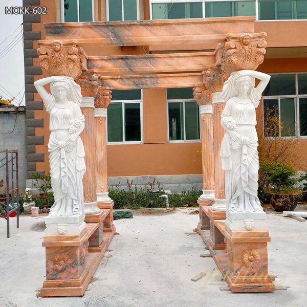 Red Marble Gazebo with Female Statues Design for Backyards Supplier MOKK-602