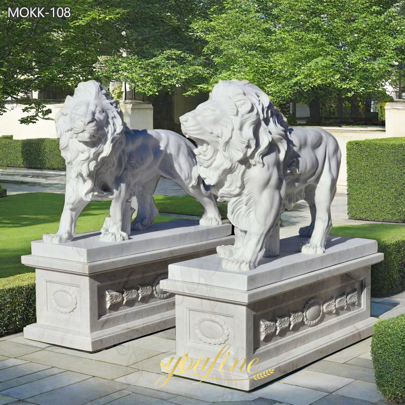 Outdoor Italian Marble Roaring and Standing Lion Statues for Front Porch Home Decor for Sale MOKK-108