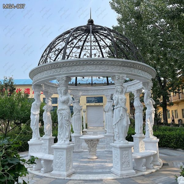 Customized Round Marble Gazebo With Carved Maidens