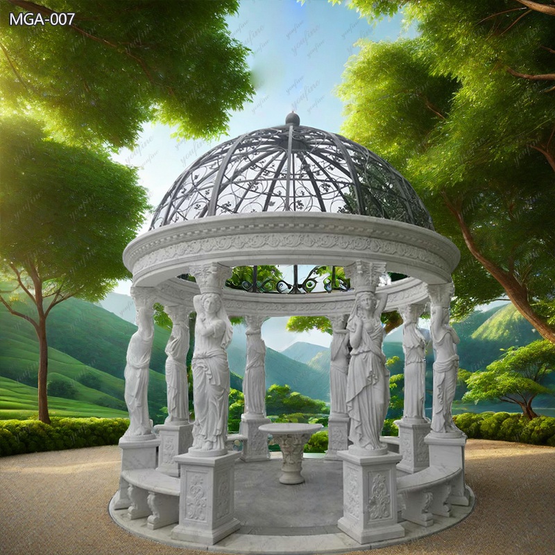 Customized Round Marble Gazebo With Carved Maidens