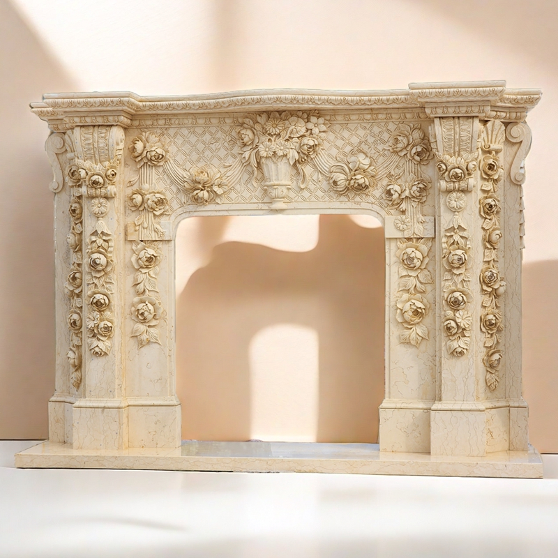 Hand Carved Marble Floral Fireplace Surround