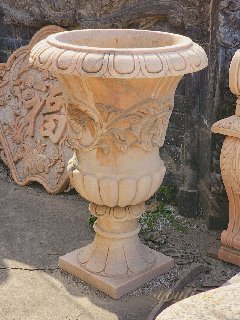 Pure Natural Marble Red Flower Pot with Carving 