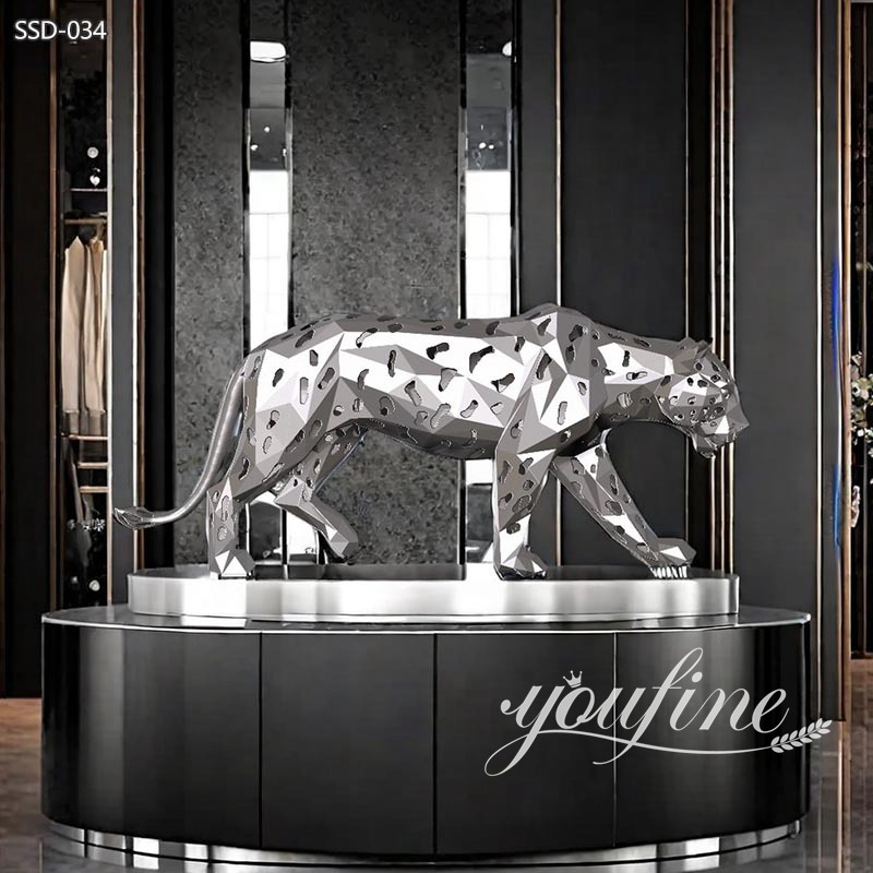 mirror polished metal leopard statue