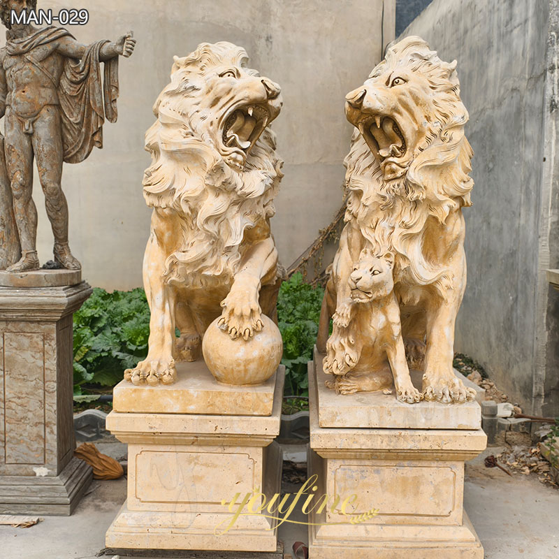 Beige Marble Lion and Cub Statue Lawn Ornaments