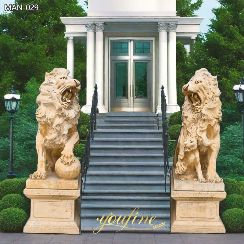 Beige Marble Lion and Cub Statue Lawn Ornaments