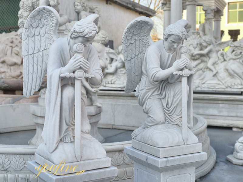 Catholic Marble Guardian Angel Statue with Sword details