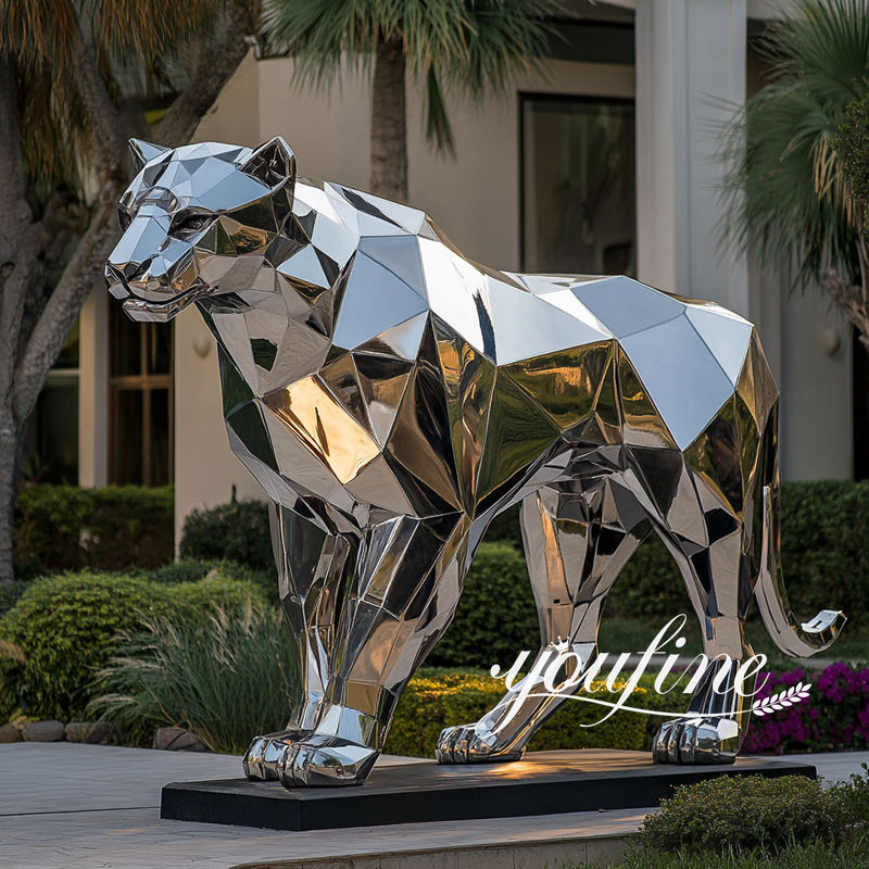 large stainless steel polygon leopard statue